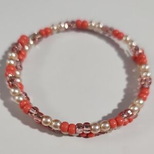 Vintage Style Twisted Elegant Coral and Faux Pearl Beaded Torsade Bracelet